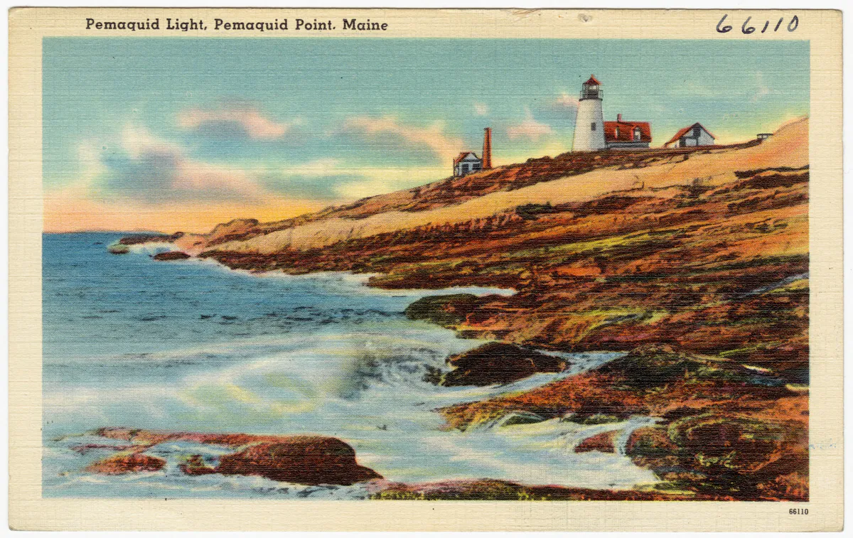 Pemaquid Point Light on striated stone ledges in Bristol, Maine, a white tower and connected keeper's house overlooking the Atlantic