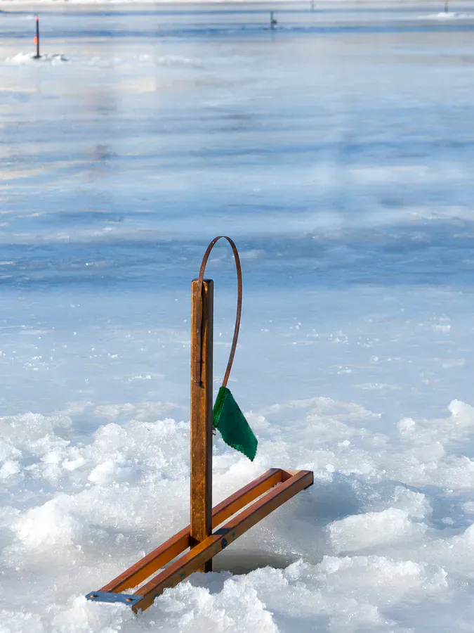 A tip-up rig set on the frozen Androscoggin River between Brunswick and Topsham, Maine