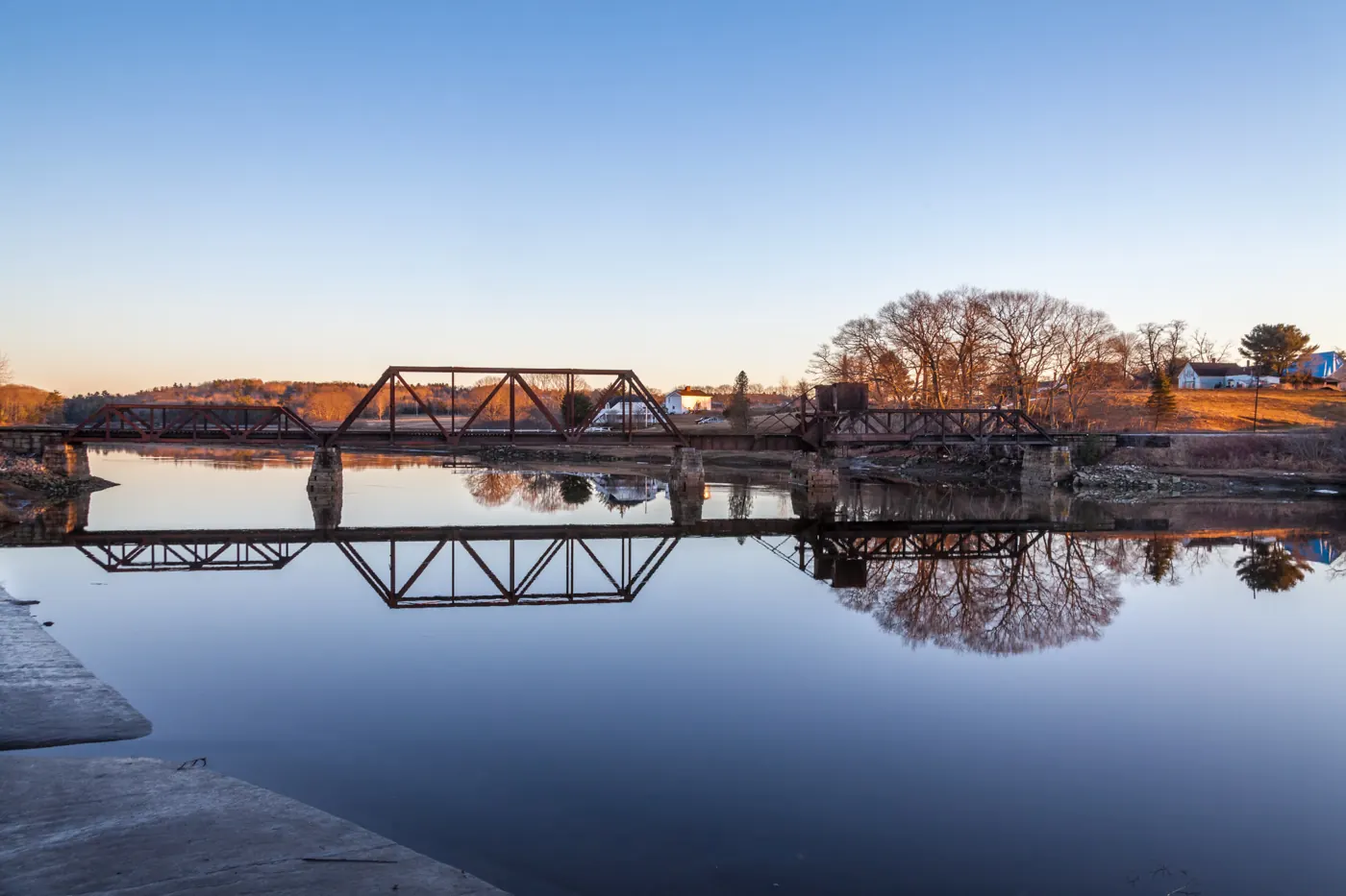 The St. George River and rail bridge in Thomaston, Maine.