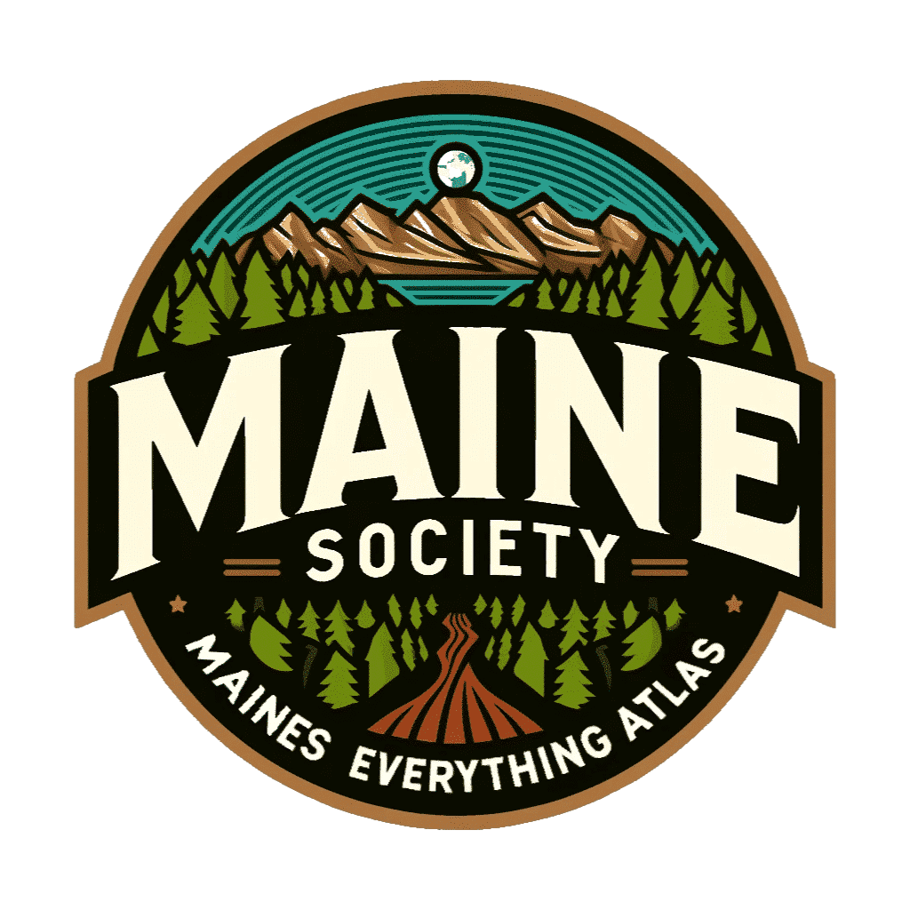 Logo of Maine Society featuring mountain, trees, and tepee.